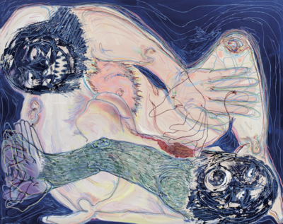 SANS TITRE
2021
SÉRIE LE LOUP, LA BERGÈRE ET LE JUS DE PASTÈQUE, ENCRE GRASSE, ACRYLIQUE, PASTEL GRAS, CRAIE SÉCHE 120×150 CM - © Villa Noailles Hyères