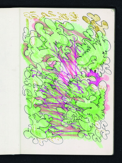 *Lucas Mathieu (Caroub)*,
vit et travaille à Marseille, 1998

Délaissant l’observation et figuration pour l’expérimentation, Lucas Mathieu (Caroub) cherche depuis quelque temps de nouvelles formes de dessin. « Je cherche à exprimer la poésie et les relations entre les structures du visible, qu’elles soient issues du vivant, de la matière inanimée ou de l’écriture », dit l’artiste formé aux Arts-Déco de Paris. À travers un processus créatif automatique, il réutilise leurs rythmes et leurs règles sous-jacentes pour composer de petits univers graphiques intimes et foisonnants.

Page extraite d’un carnet de dessins automatiques, techniques mixtes sur papier, 
15 x 21 cm, 2023. 
Courtesy de l’artiste. - © Villa Noailles Hyères