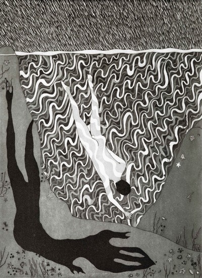 *Karim Saidi*,
vit et travaille à Paris

Karim Saidi ne dessine pas. Il grave et peint. Inspirée notamment par les oeuvres de Walter Crane et d’Aubrey Beardsley, sa dernière série de gravures, « The Gain of Truth », présentée à son diplôme aux Beaux-Arts de Paris, suit les aventures de faunes et de jeunes hommes au sexe masqué de fleurs évoluant dans une nature idyllique et liquide, sublimée par les motifs graphiques et psychédéliques de l’artiste.

Diving Deep, série « The Watery Sphere », aquatinte et eau-forte, 22 x 29 cm, 2023.
Courtesy de l’artiste. - © Villa Noailles Hyères