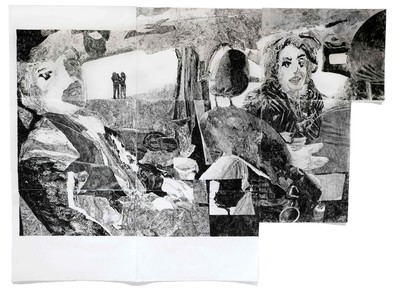 *Marguerite Canguilhem*,
vit et travaille à Bruxelles, 2000

Troubler l’image et sa lisibilité, lui donner la complexité qu’elle renferme par la technique et les textures employées, redimensionner le réel pour en montrer l’étrangeté voire la monstruosité est l’objectif de Marguerite Canguilhem. Dans les oeuvres sur papier grand format de cette diplômée de La Cambre à Bruxelles, qui nécessitent de nombreuses étapes de création, le regardeur est mis à l’épreuve, invité à décrypter l’image finale, à en saisir le sens et le mystère.

Trip to Munich #3, huile, encre, glycérine sur papier, 
192 x 144 cm, 2022.
Courtesy de l’artiste. - © Villa Noailles Hyères