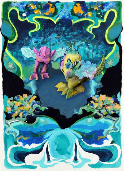 *Alaïa Etchegoin*,
vit et travaille à Paris, 2000

Alaïa Etchegoin se sert de tout ce qu’elle a à sa disposition pour dessiner - pastels gras, pastels secs, gouaches, crayons… Ses dessins prennent une épaisseur étrange, proche de la peinture à l’huile. L’univers onirique et art déco de cette artiste diplômée en design graphique raconte des histoires et des mondes magiques. Ses dessins semblent tout droit sortis d’un conte pour enfant.

Zinzins From Nowhere, acrylique sur papier et photomontage de sculptures peintes numériquement, 
28 x 38 cm, 2022.
Courtesy de l’artiste. - © Villa Noailles Hyères