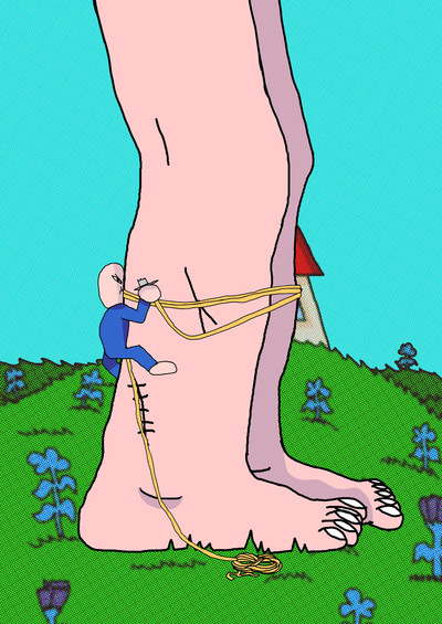 *Simon Thouément*,
vit et travaille à Paris, 1998

Simon Thouément pense le dessin en mouvement. Il réalise des films courts, des clips, anime ses carnets de voyage, etc. Réalisé pour sa licence en cinéma d’animation aux Arts-Déco de Paris en 2023, son film Géant, en couverture de The Drawer #24, a été dessiné en numérique et animé avec une trame d’impression pour créer du contraste avec les personnages, incluant le fameux géant.

Image extraite de Géant, triptyque animé, 3’ 20’’, 2023.
Courtesy de l’artiste. - © Villa Noailles Hyères