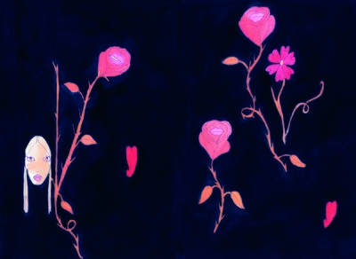 *Gabrielle Alexandre*,
vit et travaille à Marseille, 1999

Pratiqué sur des supports multiples (papier, papier peint, textile, vidéo...), le dessin de Gabrielle Alexandre rend compte, sous la forme d’installations, de son adolescence en milieu rural. Elle tente de déclencher, par le female gaze et la marionnette, un processus de réparation / re-création de son histoire. Et questionne également l’influence de la fiction, et notamment de la pop culture sur nos comportements.

Sans titre, série de motifs pour impression sur tissu, stylo, encre, 2023.
Courtesy de l’artiste. - © Villa Noailles Hyères