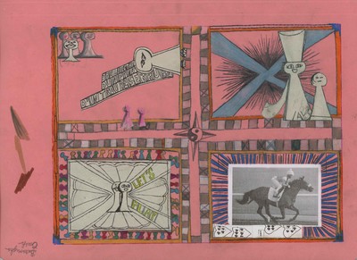 *Anaïs Fontanges*,
vit et travaille à Paris, 1998

Anaïs Fontanges ne jette rien, archive et recycle tout — les dessins qu’elle réalise, les petits objets qu’elle trouve. « Je dirais que ma pratique du dessin est accumulative » dit-elle. Son dessin relève d’un geste écologique. L’artiste sortie des Beaux-Arts de Paris mélange, accumule, associe, réinvente les motifs existants à l’aide, parfois, d’un
programme informatique de composition aléatoire d’images. « À quoi bon créer de nouvelles images ? Il en existe déjà tellement. »

Parchís, crayon à papier, crayons de couleur, impression thermique et collage sur carton rose, 31 x 22,6 cm, 2023.
Courtesy de l’artiste. - © Villa Noailles Hyères