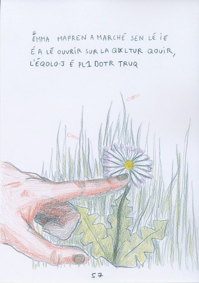*Léna Bédague*,
vit et travaille entre Aix-en-Provence et Marseille, 2001

Largement tournée vers le dessin, la pratique de Léna Bédague se nourrit du collectif et du présent. Illustré à plusieurs mains avec d’autres étudiant.es ami.es invité.es, son mémoire de Master aux Beaux-Arts d’Aix-en-Provence témoignait de la posture solidaire de la jeune artiste et des ancrages contemporains de son travail. Socialement et politiquement engagée, Léna Bédague fait du dessin son moyen d’expression premier et des banderoles, pancartes et affiches ses supports privilégiés.

Page extraite de On rentrera qen on ora f1, mémoire de Master, 2023.
Courtesy de l’artiste. - © Villa Noailles Hyères