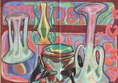 *Lucie Lozano*,
vit et travaille à Paris, 1999

Diplômée des Arts-Déco de Paris, Lucie Lozano pratique le dessin et le tissage. D’un côté, elle dessine aux feutres dans des carnets des motifs dont le recto et le verso racontent différemment la même image. De l’autre, elle fait apparaître dans des pièces tissées des images ou des mots qui se devinent et se dessinent progressivement, telles des apparitions fragiles et fantastiques. Un art de la perception et de la déformation où les fantômes tiennent une place centrale.

cahier cousu à la main, feutres à alcool, stylo bille,
21 x 14,5 cm, 2022.
Courtesy de l’artiste. - © Villa Noailles Hyères