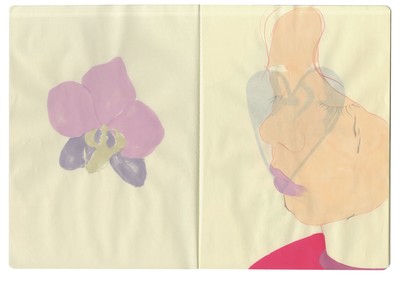 *Cléo Robert*,
vit et travaille à Quimper, 2001

Cléo Robert aime les supports ouatés, chaleureux et intimes
(couettes, oreillers, mouchoirs…) pour accueillir ses formes et ses figures dessinées. Dans ses carnets, l’artiste diplômée des Beaux-Arts
de Quimper met en scène des femmes aux yeux fermés, signe à la
fois de confiance et de refus de voir les choses en face, pointant ainsi
du doigt l’incohérence et le biais cognitif qui enveloppent tout un chacun.e.

Carnet, feutres à alcool, 2023.
Courtesy de l’artiste. - © Villa Noailles Hyères