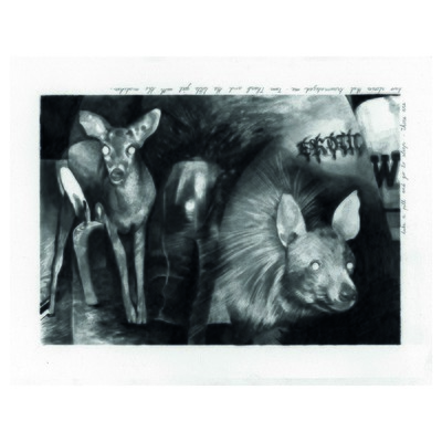 *Antoine Conde*,
vit et travaille à Paris, 1997

Dans ses dessins, Antoine Conde accumule et assemble les images pop et les récits intimes, donnant vie à des collages dessinés au graphite sur papier présentés parfois sous la forme d’installations. Jouant avec les fonctions et les façons de montrer le dessin, le jeune diplômé des Beaux-Arts et des Arts-Déco de Paris l’envisage en ce moment en volume, expérimentant la technique du pliage et de l’origami à différentes échelles.

ANOTHER NIGHT CALL [Encore un appel nocturne], graphite sur papier, 18 x 12 cm, 2023.
Courtesy de l’artiste. - © Villa Noailles Hyères