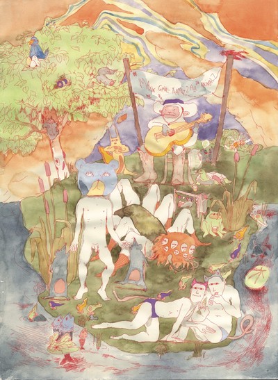 *Lucia Augé*,
vit et travaille à Nantes, 1999

Diplômée des Arts-Déco de Paris, Lucia Augé s’inspire des illustrations pour enfants des années 70 pour raconter des histoires prenant parfois la forme de bandes dessinées. Ses papiers sont rendus vivants par l’encre colorée, l’aquarelle et le collage. Remarquée au dernier Festival d’Angoulême dans la catégorie Jeunes Talents, la jeune artiste est aujourd’hui en train de réaliser un premier court métrage animé.

L’homme a donné des noms à tous les animaux 2, encre sur papier, 2022.
Courtesy de l’artiste. - © Villa Noailles Hyères