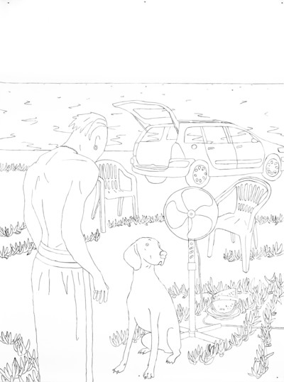 *Zadig Robin*,
vit et travaille à Marseille, 2001

Diplômé des Beaux-Arts de Marseille, Zadig Robin dessine à l’encre de Chine la vie réelle 
et fantasmée d’une jeunesse marseillaise. Des paysages et des moments suspendus entourés d’amis, de chiens et d’objets utilitaires sont tracés sur le papier ou sur des lanières de PVC façon entrepôt ou chantier. Une façon de « fictionner » le réel pour le rendre plus supportable. Le banal devient sujet, décor dans lequel il fait bon vivre, un Endless Summer.

Sans titre, encre de Chine, 
150 x 200 cm, 2023. 
Courtesy de l’artiste - © Villa Noailles Hyères