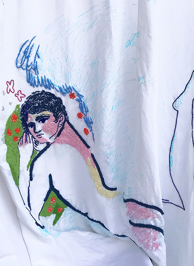 Jacques Merle / Des Jacqueries, Pose sur l’herbe
cotton and wool embroidered drawing, 109x158 cm, 2020 - © Villa Noailles Hyères