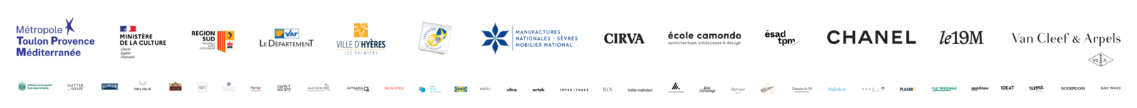 Partenaires de la villa Noailles : Métropole Toulon Provence Méditerranée, Ministère de la Culture, Région Sud, Département du Var, Ville d'Hyères, Mobilier national, CIRVA, École Camondo, ÉSAD TPM, Chanel, le19M, Van Cleef & Arpels et d'autres